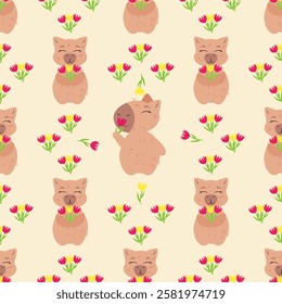 Seamless pattern with capybaras holding flowers on a soft beige background. Ideal for fabric, gift wrapping, greeting cards, wallpapers, and feminine-themed designs