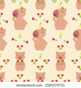 Seamless pattern with capybaras holding flowers on a soft beige background. Ideal for fabric, gift wrapping, greeting cards, wallpapers, and feminine-themed designs