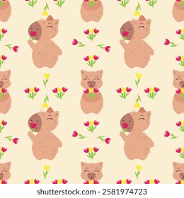 Seamless pattern with capybaras holding flowers on a soft beige background. Ideal for fabric, gift wrapping, greeting cards, wallpapers, and feminine-themed designs