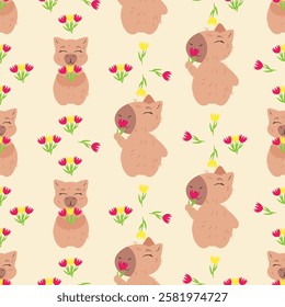 Seamless pattern with capybaras holding flowers on a soft beige background. Ideal for fabric, gift wrapping, greeting cards, wallpapers, and feminine-themed designs