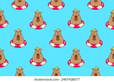 Seamless pattern of capybaras and lifebuoy. Vector illustration.