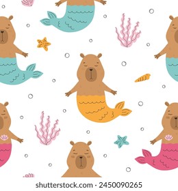 Seamless pattern with capybaras with mermaid tail