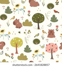Seamless pattern with capybaras, plants, trees, birds and bees. Vector illustration with hand drawn animals and plants. Vector illustration