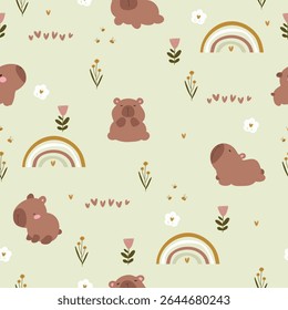 Padrão contínuo com capivaras, arco-íris e flores, ilustração vetorial com animais em fundo pastel.	
