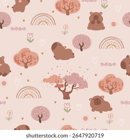 Padrão contínuo com capivaras, arco-íris, árvores e flores, ilustração vetorial com animais em fundo rosa.	

