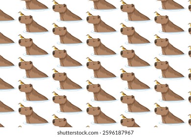 Seamless pattern of capybaras relaxing in water with a small yellow duck on their heads. A cute and cozy design, ideal for wallpaper, fabric, stationery, and digital projects.