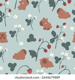 Padrão contínuo com capivaras, morangos e flores. Ilustração vetorial com animais desenhados à mão bonito e bagas.