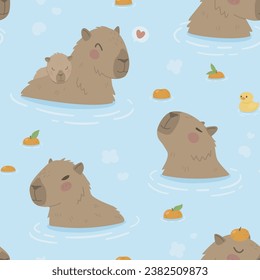 Seamless pattern with capybaras swimming in the water