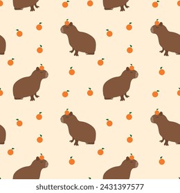 Seamless pattern capybaras with tangerines on head. Cute vector illustration, cartoon style, hand drawn. 