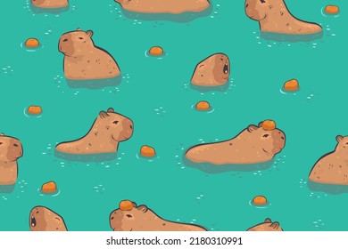 Seamless pattern capybaras in the water. Vector graphics.