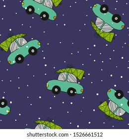 Seamless pattern with car and Christmas tree on it. Hand drawn dark background. Fun cartoon print design for textile, fabric, digital paper. Holiday celebration concept. Stock vector illustration.