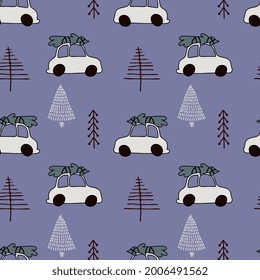 Patrón sin problemas con el auto y el árbol de Navidad.  Fondo para envolver papel, impresión textil, decoración.