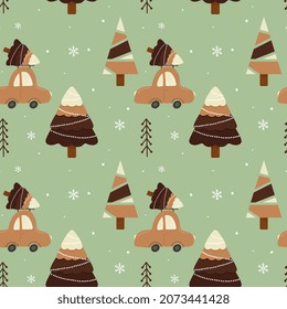 Seamless pattern with car and Christmas tree on green background. Perfect for wrapping paper, greeting cards, textile print.