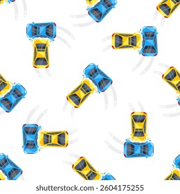 Seamless pattern of car crash accident on white background, top view