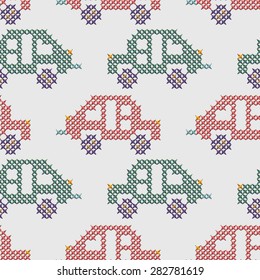 Seamless pattern of car. Cross stitch auto background. Crossing cars pattern. Colorful cartoon cars seamless pattern. Unusual texture for design, children, textile, decor