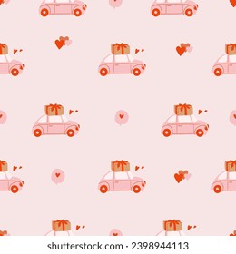Seamless pattern with car delivering a gift. Valentine's day. February 14. 8 March, International Happy Women's Day. Love concept. Hand drawn vector illustration
