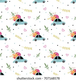 Seamless pattern with car and flowers for print, textile, card, decor. Kids fun background.