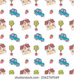 seamless pattern with car and house