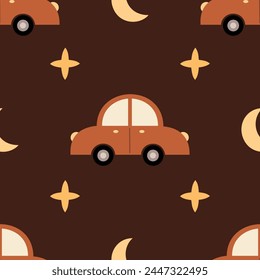 Seamless pattern with car, moon and stars in cartoon flat style. Kids digital paper perfect for scrapbook paper, decor, background, fabric. Hand drawn vector pattern