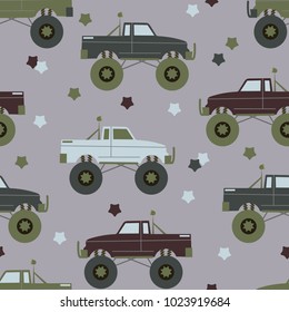 Seamless pattern with a car off-road car in pastel colors. For decorating textiles, packaging and wallpaper. Vector illustration.