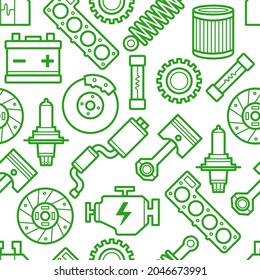 Seamless pattern with car parts. Green line art on white background.