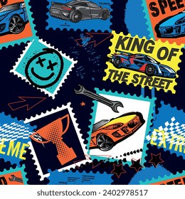 Seamless Pattern with car postage stamps. Bright  background with sport cars , with grunge elements for textiles, children's clothes, prints. Pattern for boys