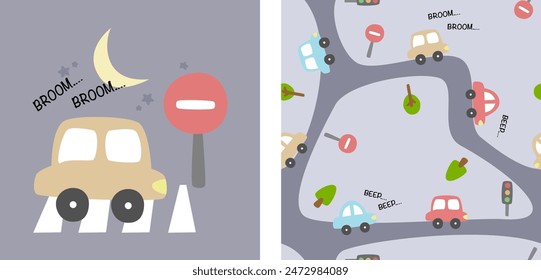 Seamless pattern with car and poster
