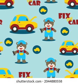 Seamless Pattern Of Car Repair Shop Cartoon With Funny Mechanic. Can Be Used For T-shirt Print. Creative Vector Childish Background For Fabric Textile, Nursery Wallpaper, And Other Decoration.