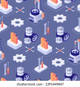 Seamless Pattern with Car Repair Tools and Equipment Isometric Icons. Gear, Wheels, Fuel Tank, Screwdriver, Wrench, Tire Fitting Equipment. 3d Vector Illustration. Layout on Color Backdrop