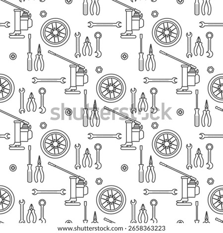 Seamless pattern of car repair tools and tires in monochrome suitable as background for garages  vector