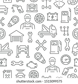 Seamless pattern with car service. Black and white thin line icons