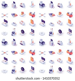Seamless Pattern with Car Service Isometric Icons. Paints, Spare Parts, Automobile Tools and Accessories, Diagnostics Equipment, Scheduled Signboard, Wheels, Tires and Disks. Vector 3d Illustration Seamless Pattern with Car Service Isometric Icons. Paints, Spare Parts, Automobile Tools and Accessories, Diagnostics Equipment, Scheduled Signboard, Wheels, Tires and Disks. Vector 3d Illustration
