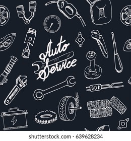 Seamless pattern with Car service maintenance doodles. Vector illustration.