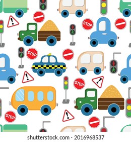 seamless pattern with car. Set autos, car, transport. vector. transportation. road signs. traffic light