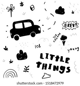 Seamless pattern with car and slogan. Scandinavian illustration for kids apparel, tee print, textile. Vector texture. Little things.