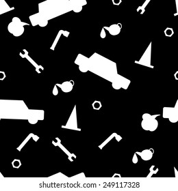 Seamless pattern of car theme objects in black and white. Icons set in flat style. Template vector elements for web design and mobile applications.