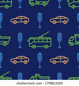 Seamless pattern with car and tram icons. Road traffic background. Vector illustration