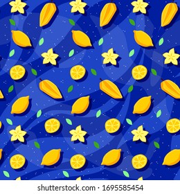 Seamless pattern with carambola and slice of lemon on water background with air bubbles