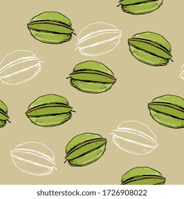 Seamless pattern with Carambola or Star Fruit. Hand drawn sketches.