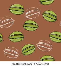 Seamless pattern with Carambola or Star Fruit. Hand drawn sketches.