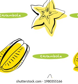 Patrón sin foco con carambola, fruto estrella en línea negra estilo esquemático aislado en fondo blanco. Frutas tropicales. Ilustración vectorial dibujada a mano de Doodle