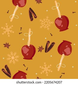 Seamless pattern with caramel apples on a yellow background. Vector graphics.