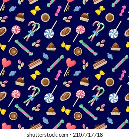 Seamless pattern with caramel and brown chocolate candies. Vector color illustration on the dark blue background.	