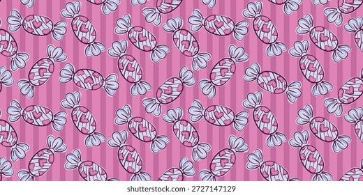Patrón sin fisuras con caramelos de caramelo sobre fondo de rayas rosadas. Patrón sin fisuras con caramelos de caramelo en envoltorios brillantes con diseños de corazón sobre fondo de rayas rosadas. Perfecto para la impresión textil y de regalos.