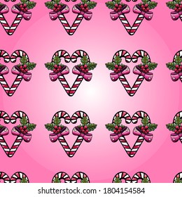 Seamless pattern of caramel canes on a pink background, cartoon style, pink background, candy pattern, mistletoe, seamless background for fabric, pattern for clothes, pattern for packaging, New Year's