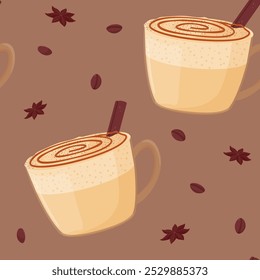 Padrão contínuo. Latte de caramelo com canela em um copo de vidro. Bebida aconchegante. Ilustração vetorial em estilo plano.