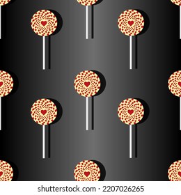 Patrón sin foco con palillos de caramelo sobre un palo con corazón. Fondo con dulces caramelos sobre un fondo negro con sombra.