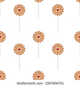 Patrón sin foco con palillos de caramelo sobre un palo con corazón. Fondo con dulces caramelos en un fondo blanco.