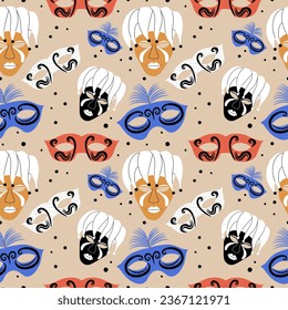 Seamless pattern with caranval masks. Vector illustration in hand drawn style.