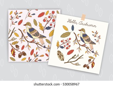 Seamless pattern and card autumn card with forest tree cute birds decorative elements.Vector hand drawn vintage background set.